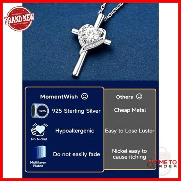 Sterling Silver Moissanite Cross Pendant Necklace, 18 Chain, Religious Gift